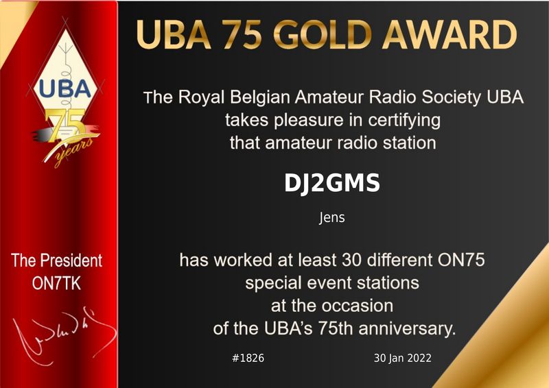 DJ2GMS UBA 75 Gold Award